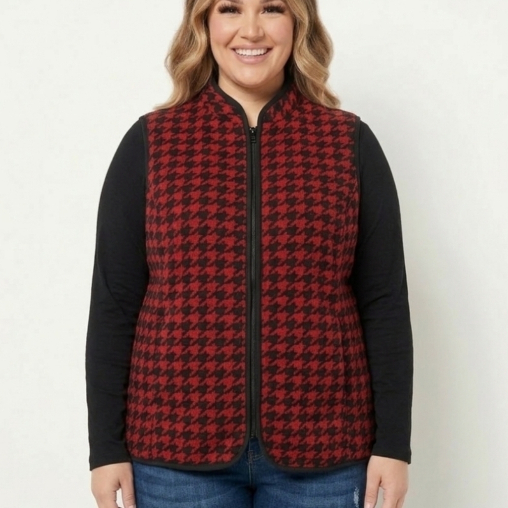 Susan Graver 3X Vest Houndstooth Red Black Full Zip Boxy Cozy